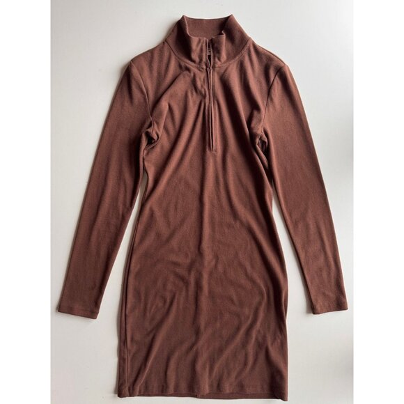 Aritzia SUNDAY BEST Brown Cotton Blend Jersey Half Zip Long Sleeve Dress, Size M - Picture 5 of 12
